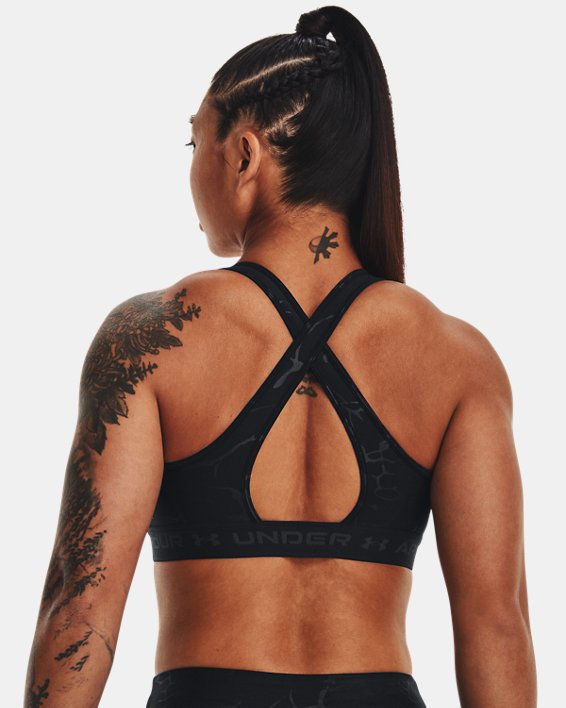 Women's Armour® Mid Crossback Emboss Sports Bra, Black, pdpMainDesktop image number 1